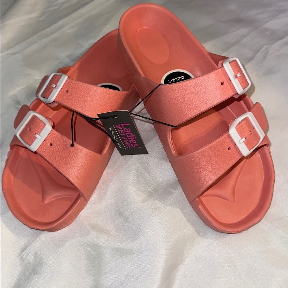Bobbie Brooks Soft Touch Coral Pink Double Buckle Slide Sandals Womens Small 8-9